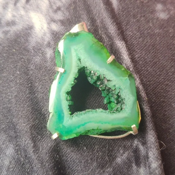 Green Agate Druzy Geode Silver Plated Stone Pendant Necklace - Picture 2 of 4